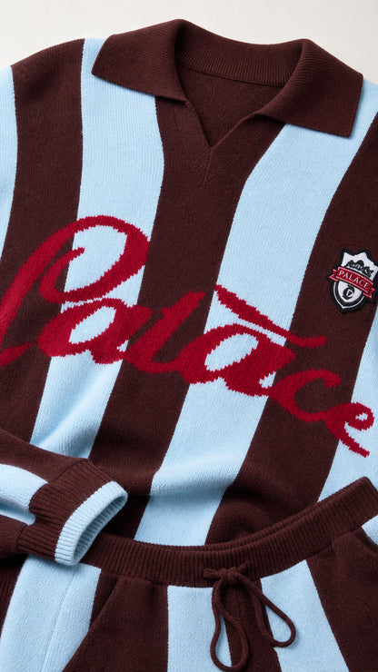 Close-up detail of polo knit neckline, script embroidery, and drawstring waistband