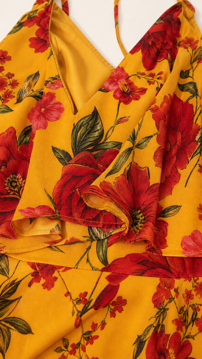 Close-up detail of yellow floral fabric and V-neckline