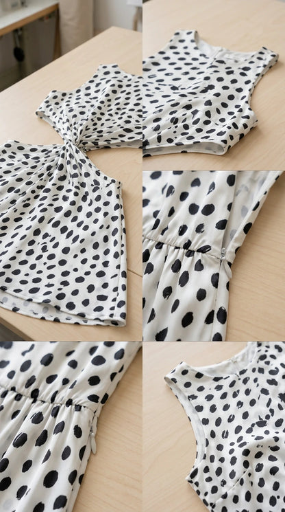 Close-up craftsmanship details of polka dot dress showing fabric and zipper