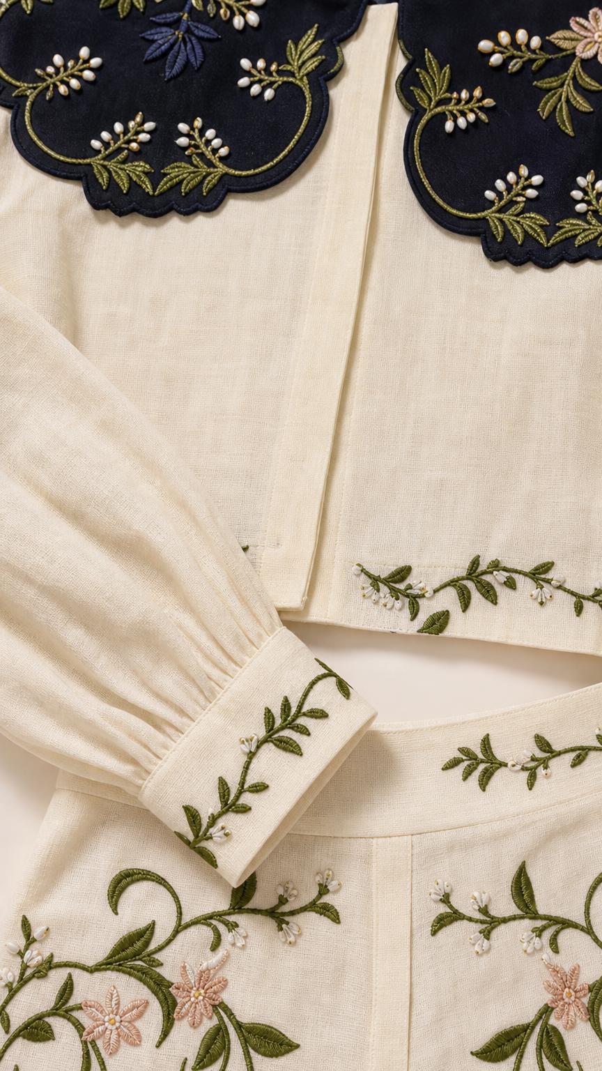 Close-up of embroidery details on collar and cuffs