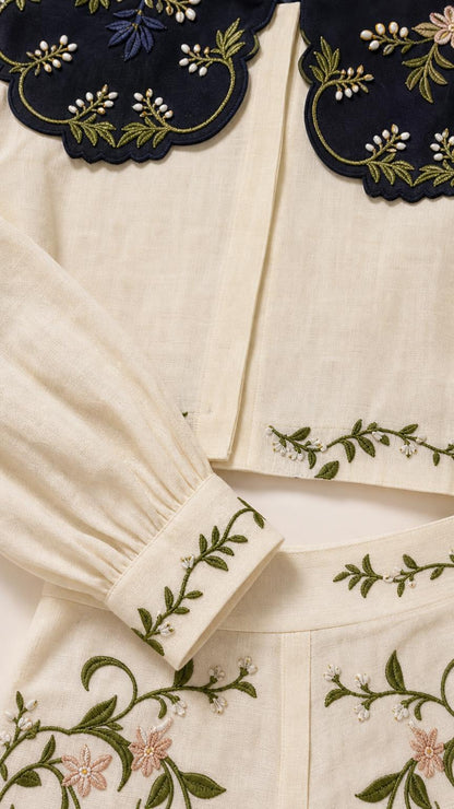 Close-up of embroidery details on collar and cuffs