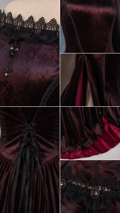 Detailed close-up panels of lace trim, velvet fabric texture, and sleeve slits