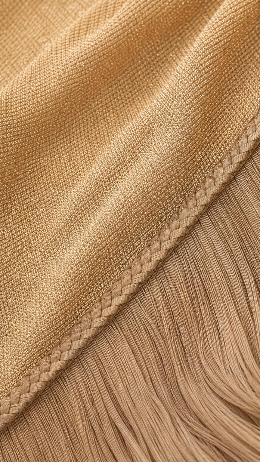 Close-up detail of the gold shimmer fabric and pleated trim
