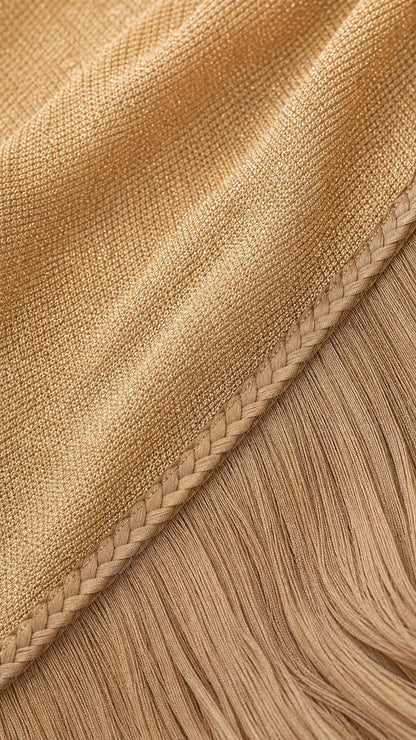 Close-up detail of the gold shimmer fabric and pleated trim