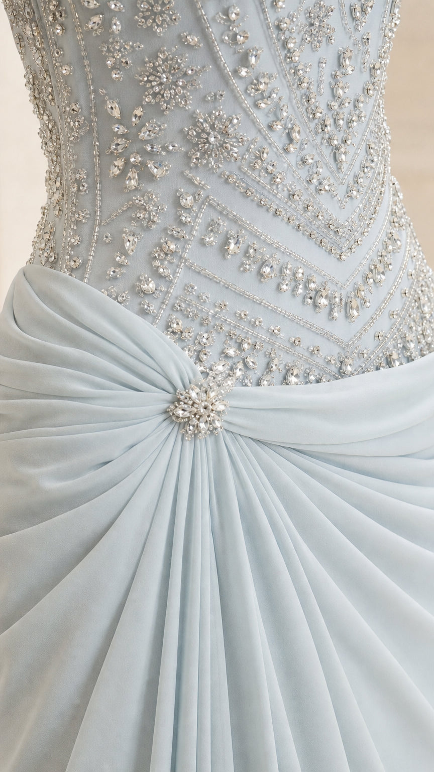 Close-up of intricate silver beadwork and side-gathered brooch on ice blue gown