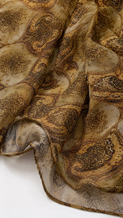Close-up of lightweight olive paisley fabric texture