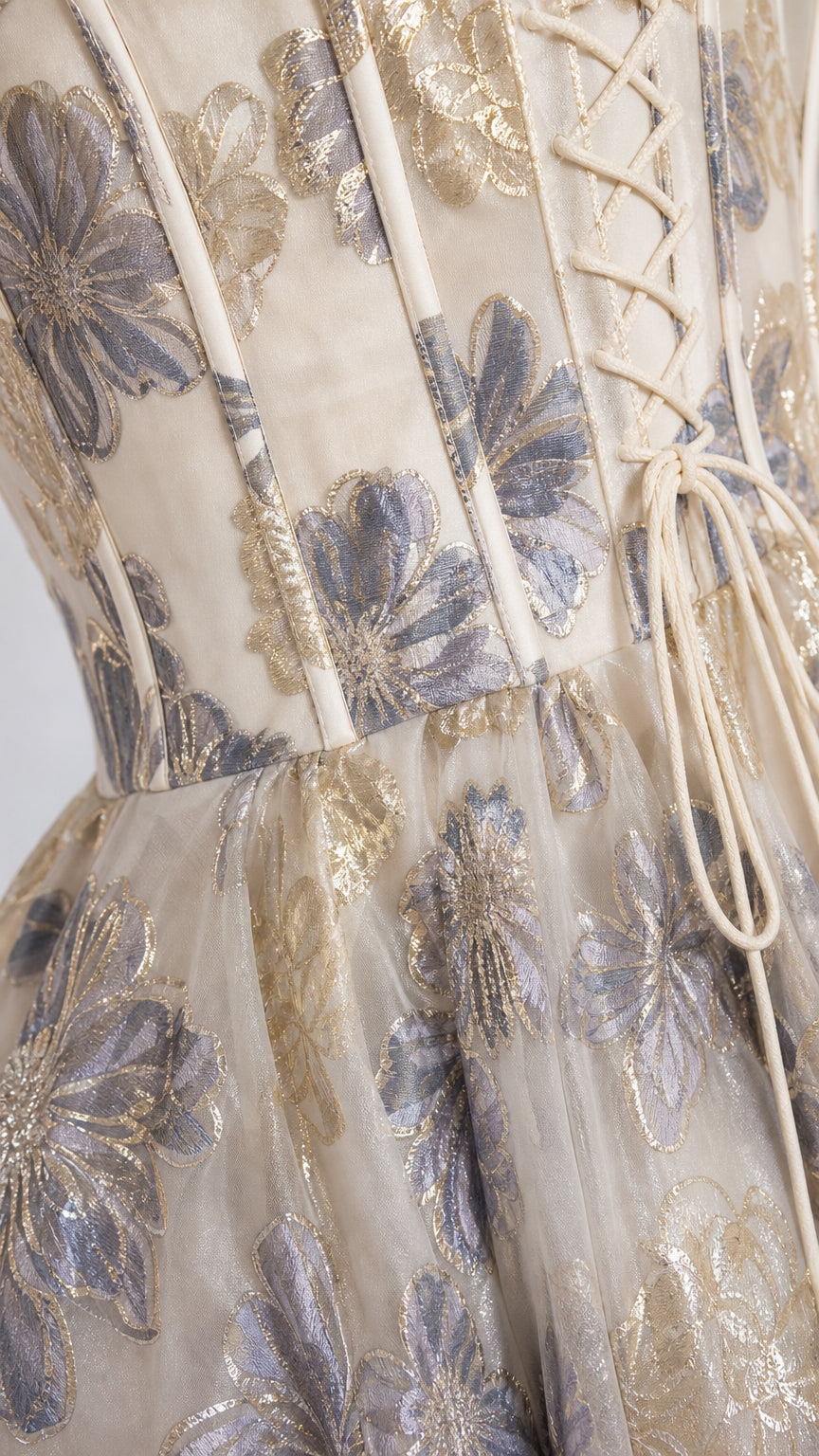 Close-up detail of structured corset bodice and metallic floral fabric
