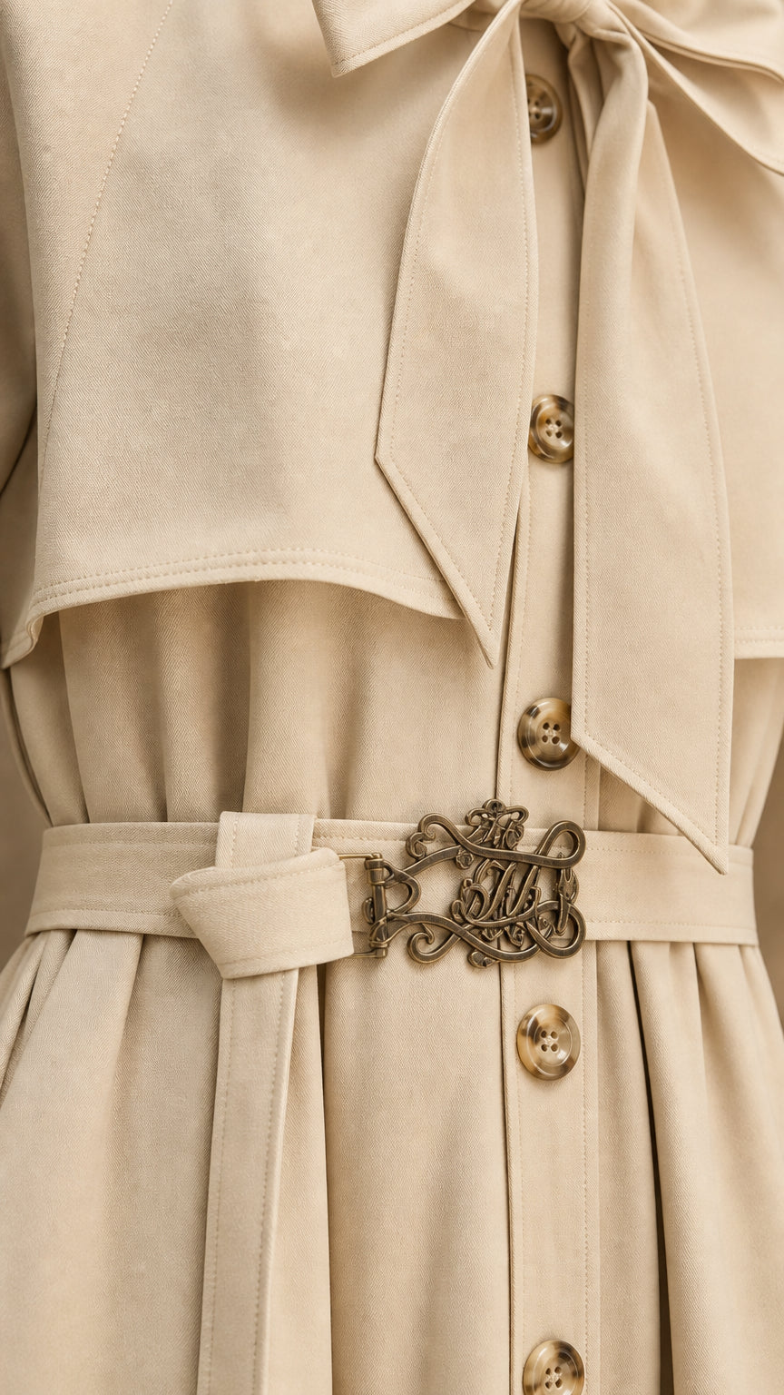 Close-up of trench coat collar, tie bow, buttons, and belted waist