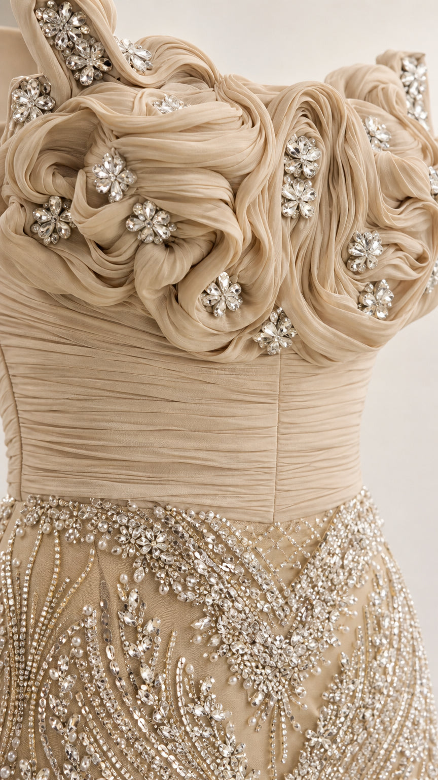 Close-up of crystal-embellished rose bodice details