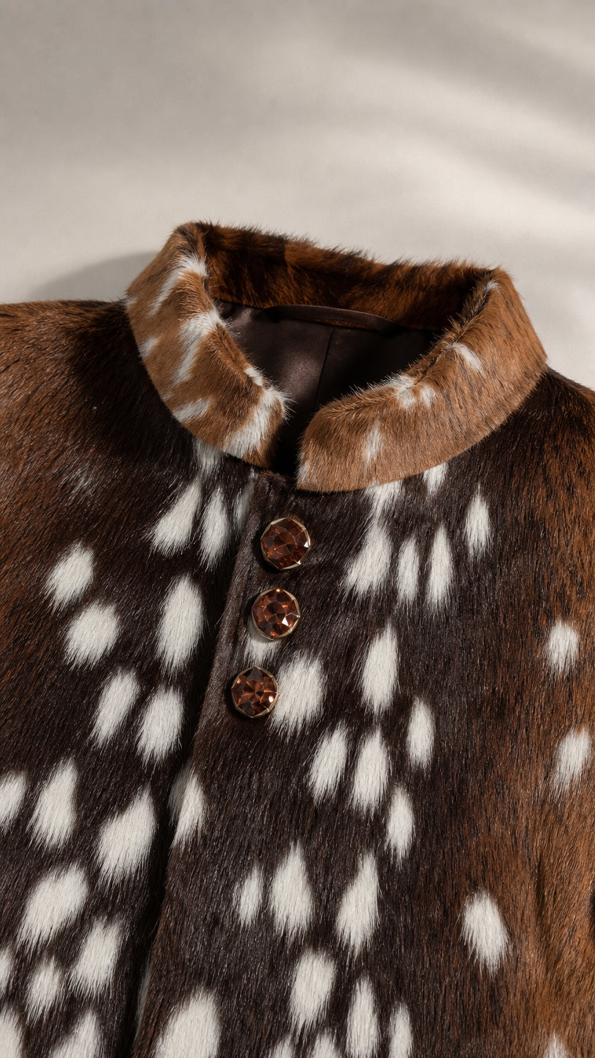 Close-up of brown fawn-print jacket collar and buttons