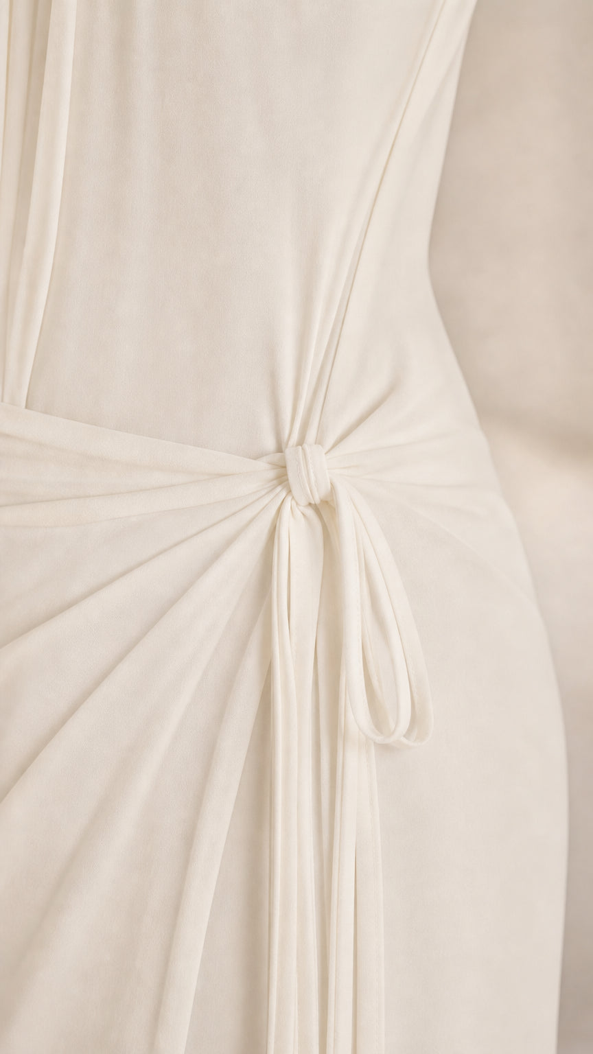 Close-up of the delicate side tie-waist detail on the white dress