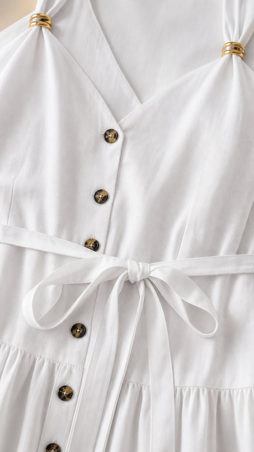 Close-up detail of V-neckline, buttons, and tie belt on white dress