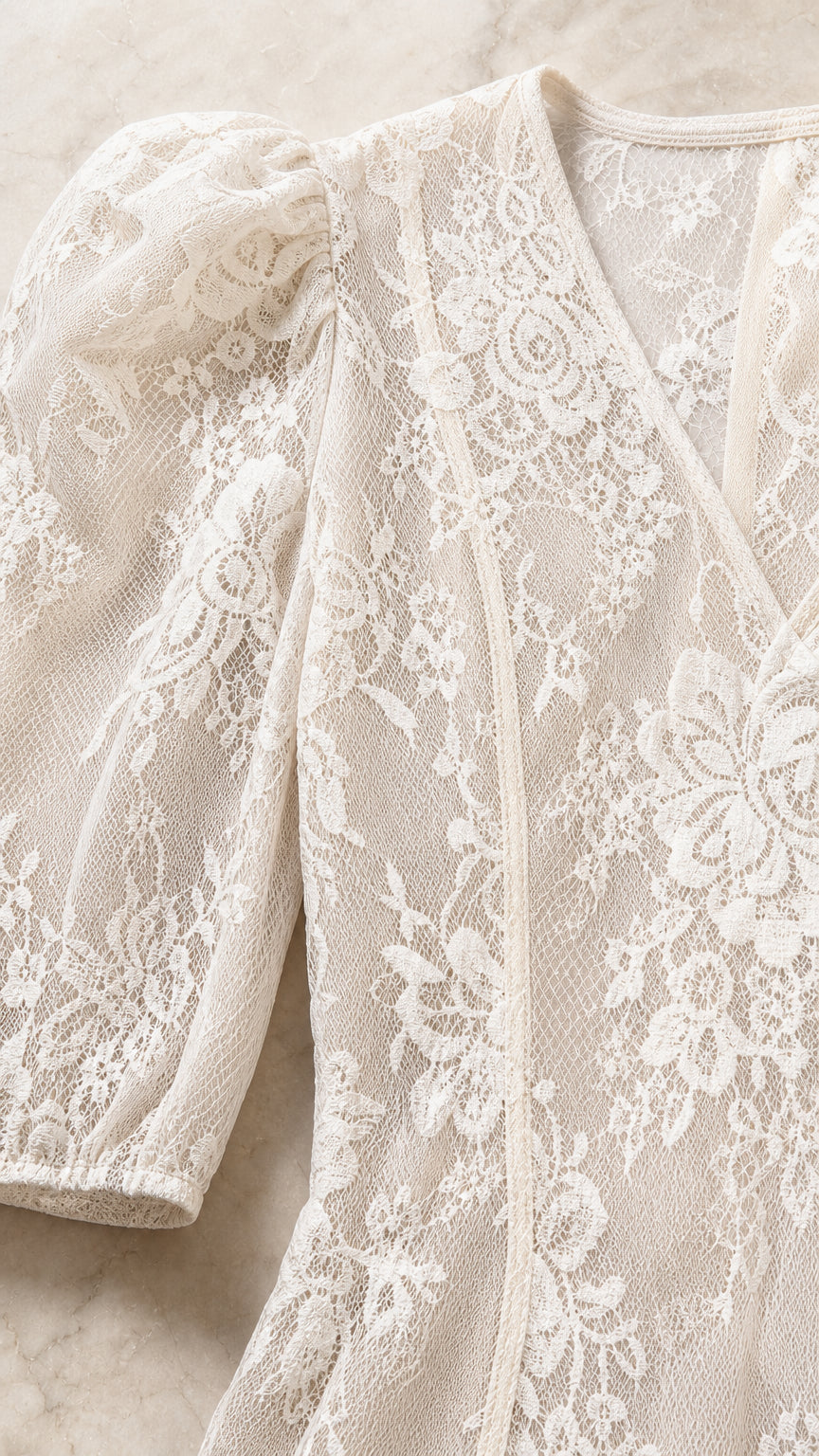 Close-up detail of lace pattern and puff sleeve