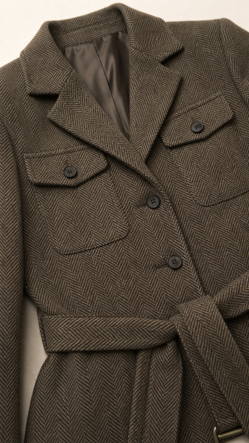 Close-up detail of herringbone texture, lapel collar, and buttoned flap chest pocket