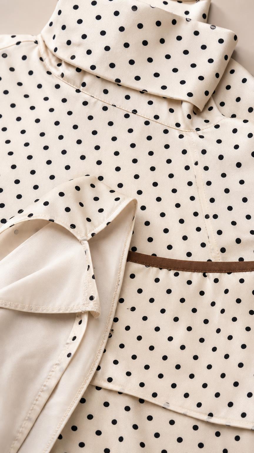 Close-up detail of collar, fabric texture, and polka dot pattern