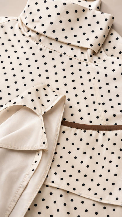 Close-up detail of collar, fabric texture, and polka dot pattern