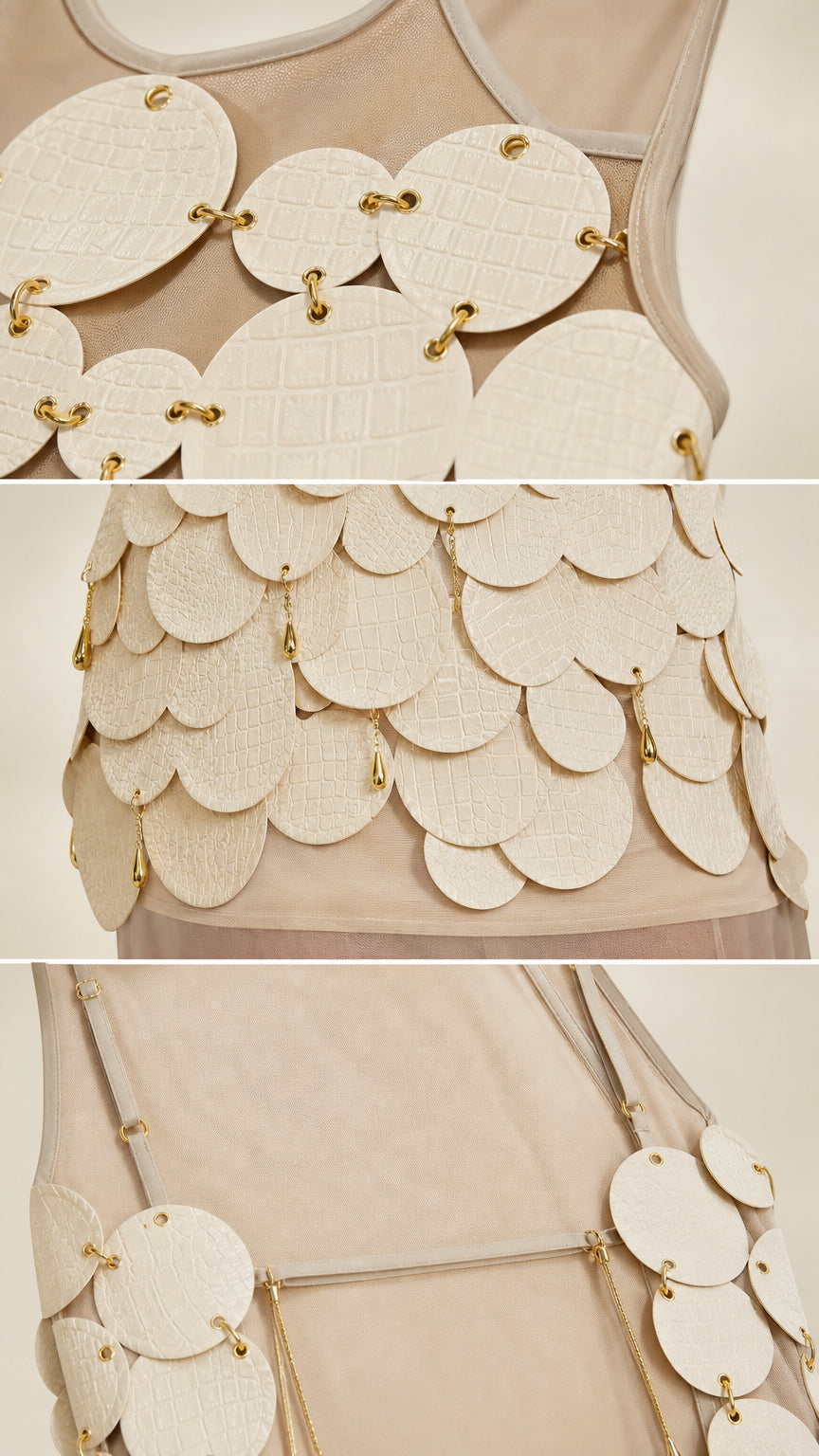 Close-up details of circular textured discs and hardware rings