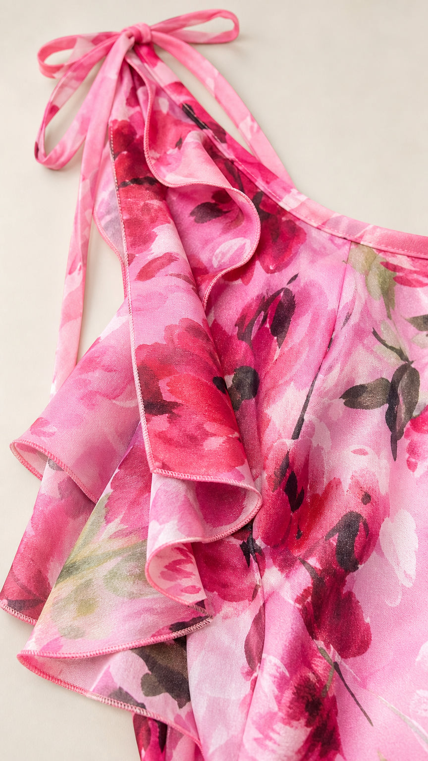 Close-up of pink floral fabric texture, ruffles, and shoulder ties