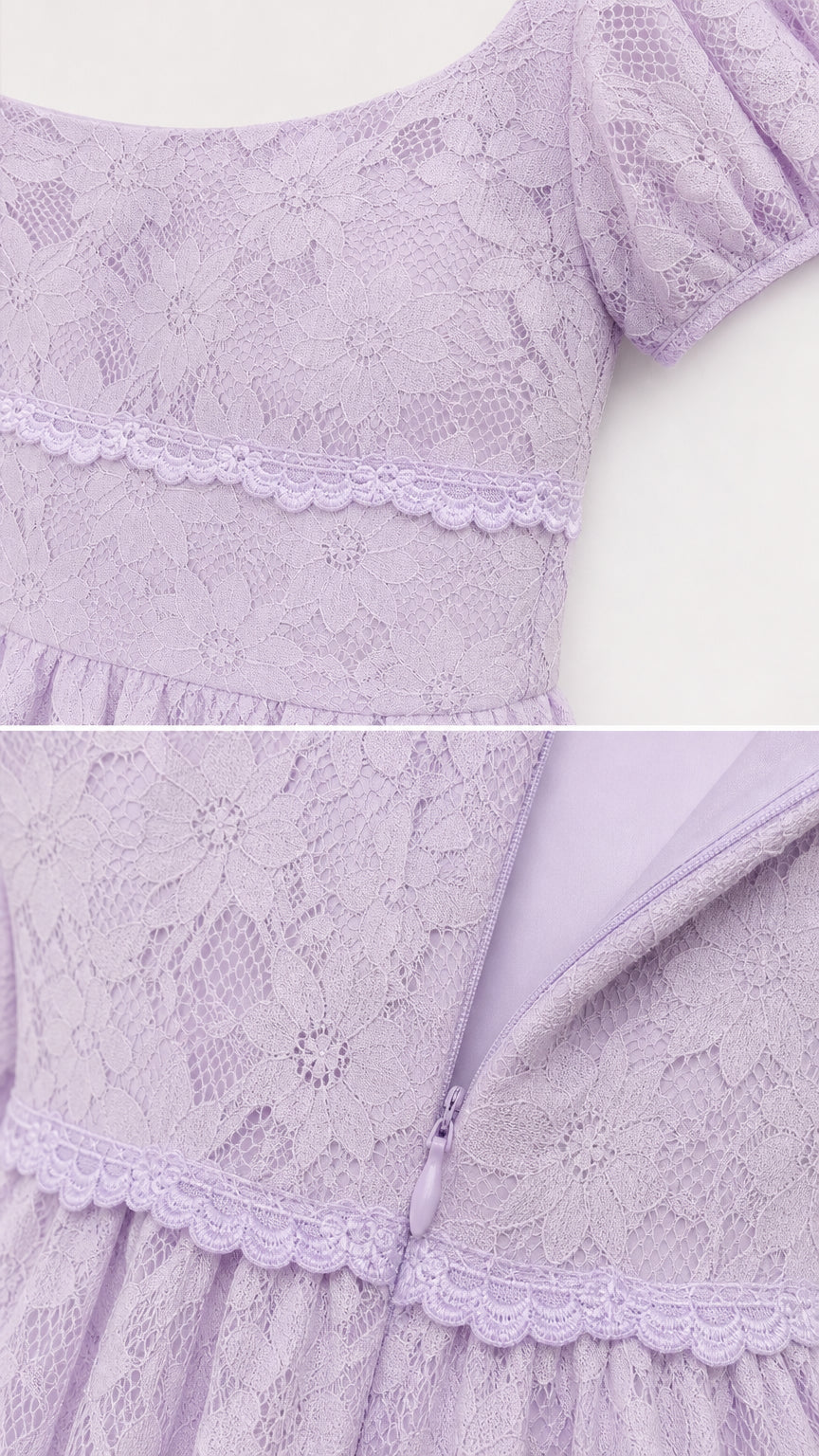 Close-up details of lace fabric and zipper closure