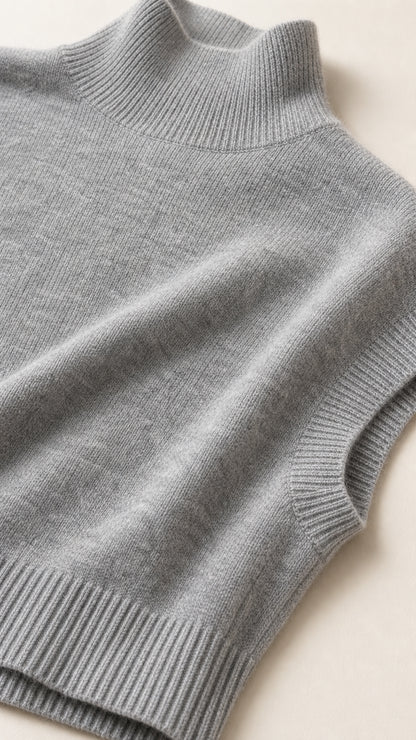Close-up detail of the heather grey fine knit fabric, ribbed mock neck, and sleeve trim