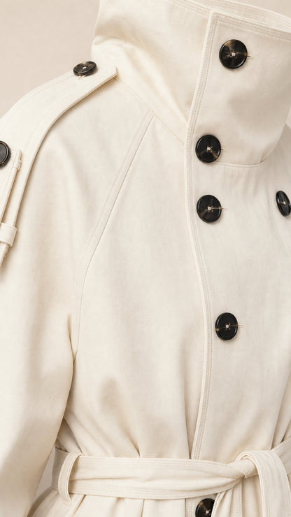 Close-up detail of Cream trench coat high buttoned stand collar and shoulder epaulets
