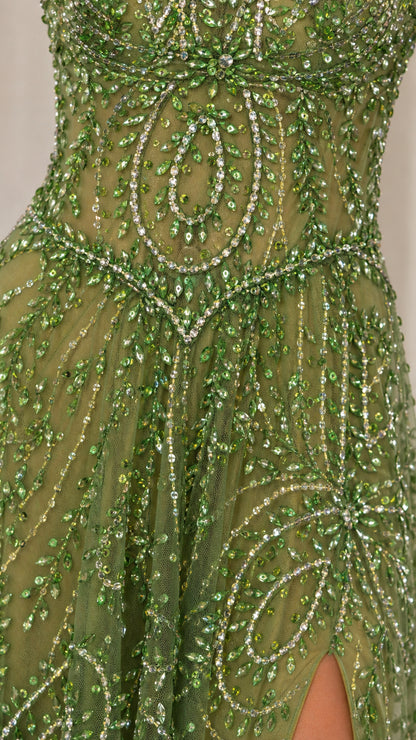 Close up of bead and sequin pattern on sage dress