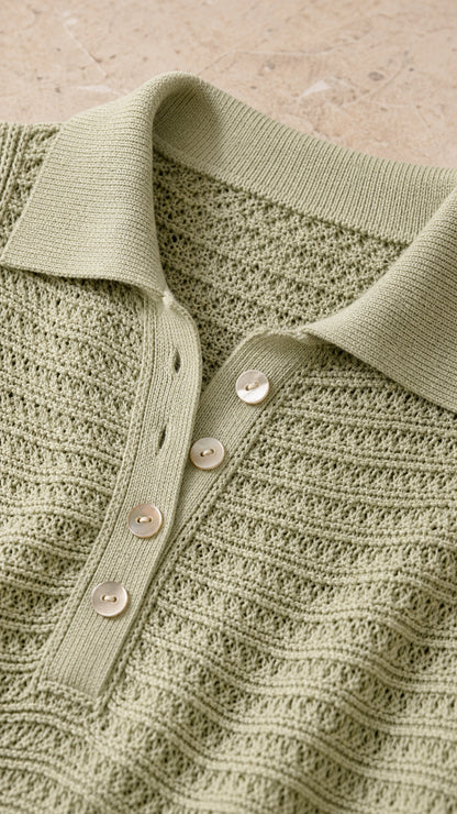 Close-up of polo collar and textured knit pattern on sage green dress