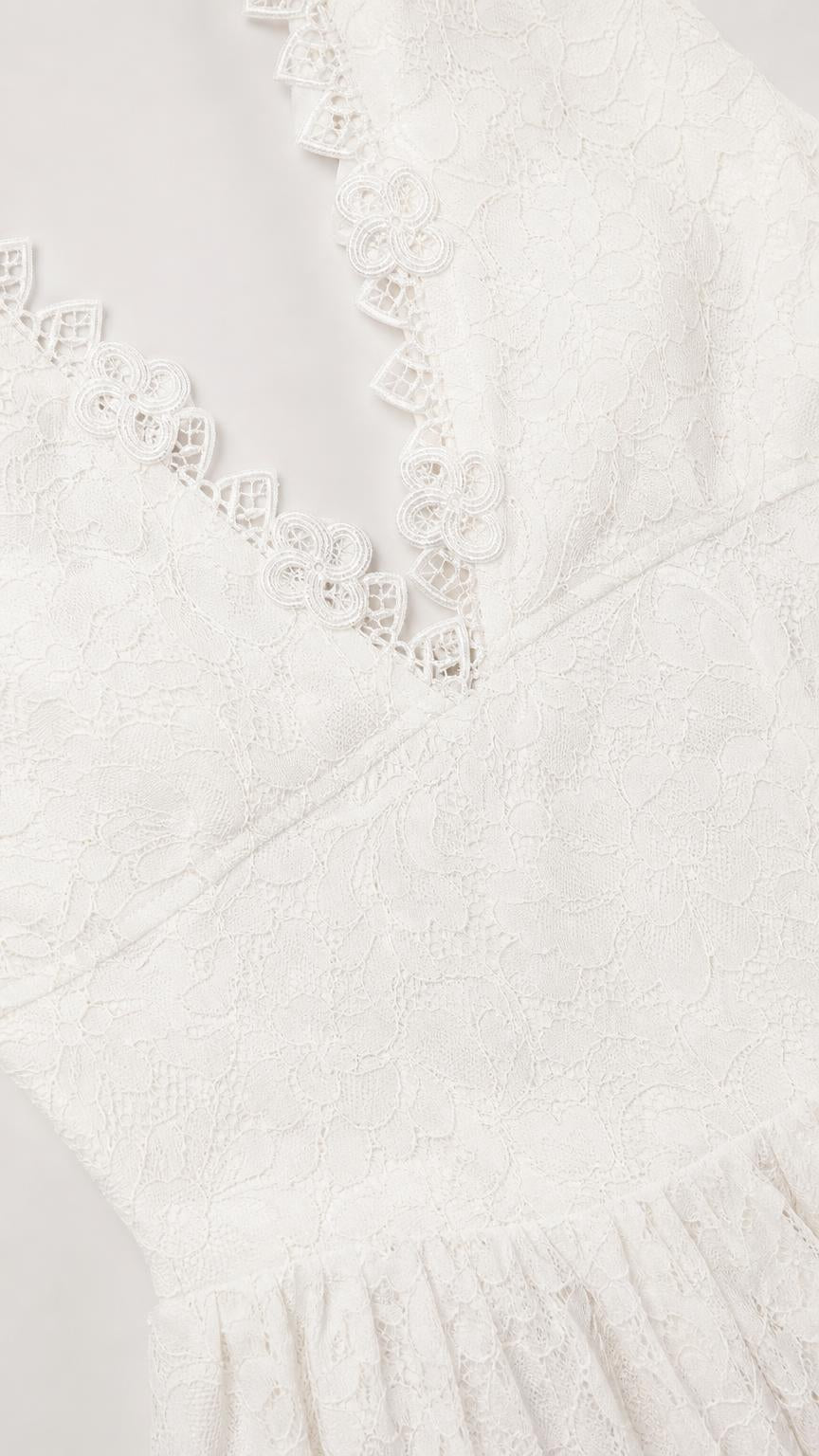 Close-up detail of V-neckline scalloped lace trim