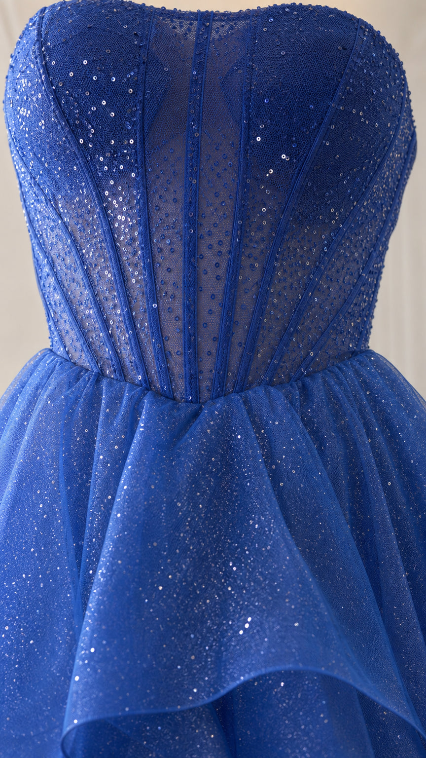 Close-up detail of sheer boned corset bodice with glitter embellishments