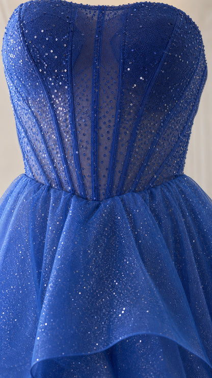 Close-up detail of sheer boned corset bodice with glitter embellishments