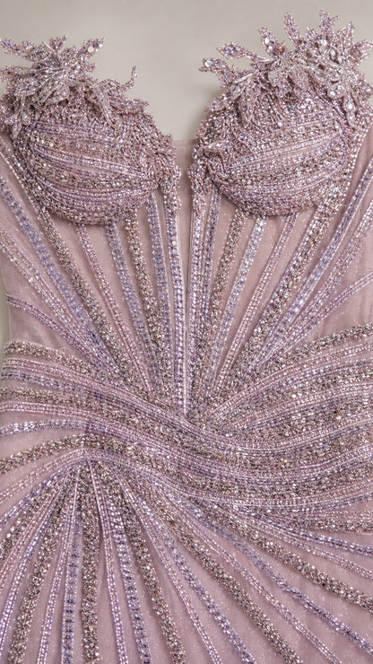 Close-up detail of crystal beadwork and sweetheart bodice