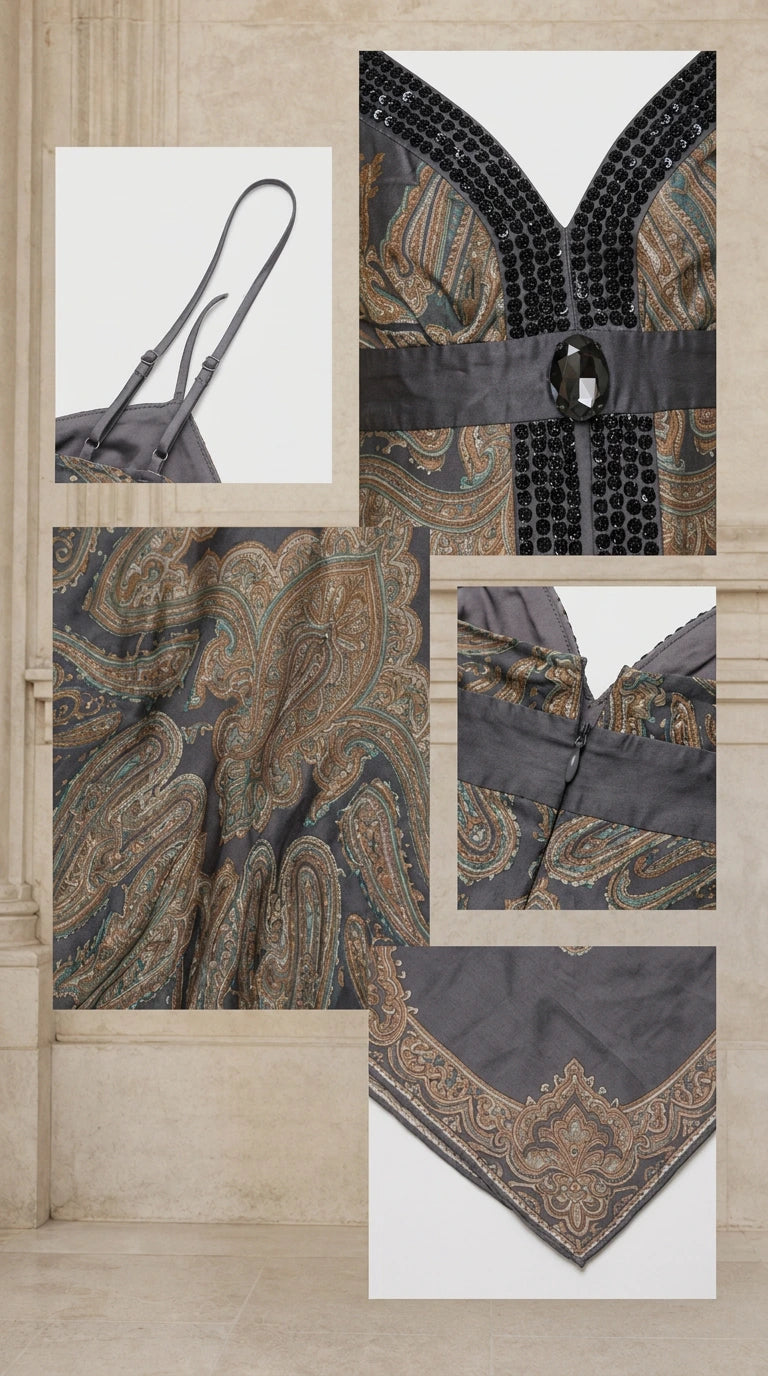 Close-up details of straps, neckline, zipper, and hem of grey dress