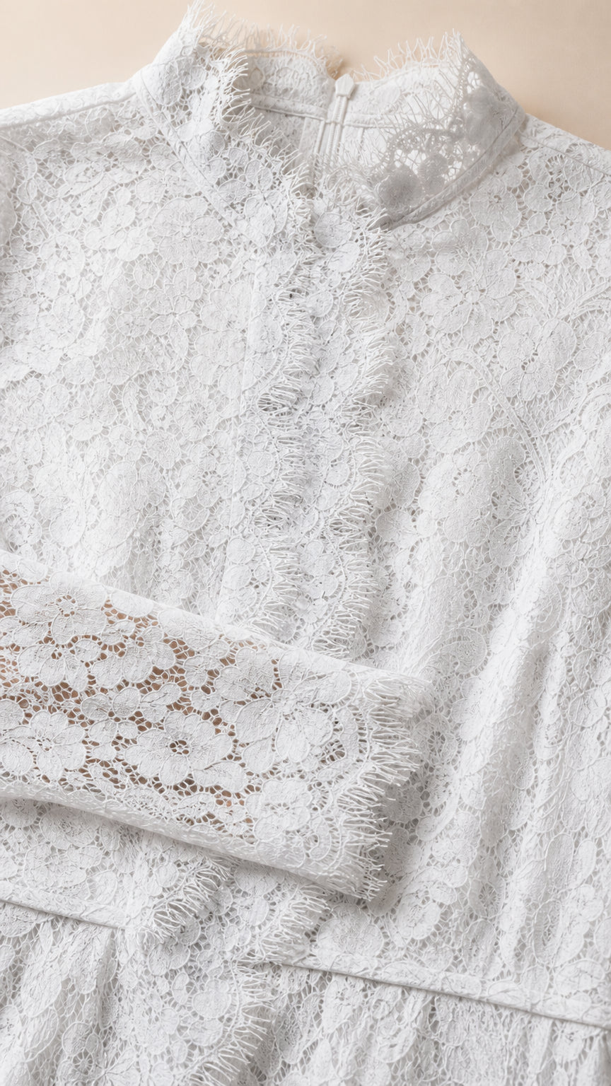 Close up detail of delicate floral lace fabric and mock neckline with eyelash trim