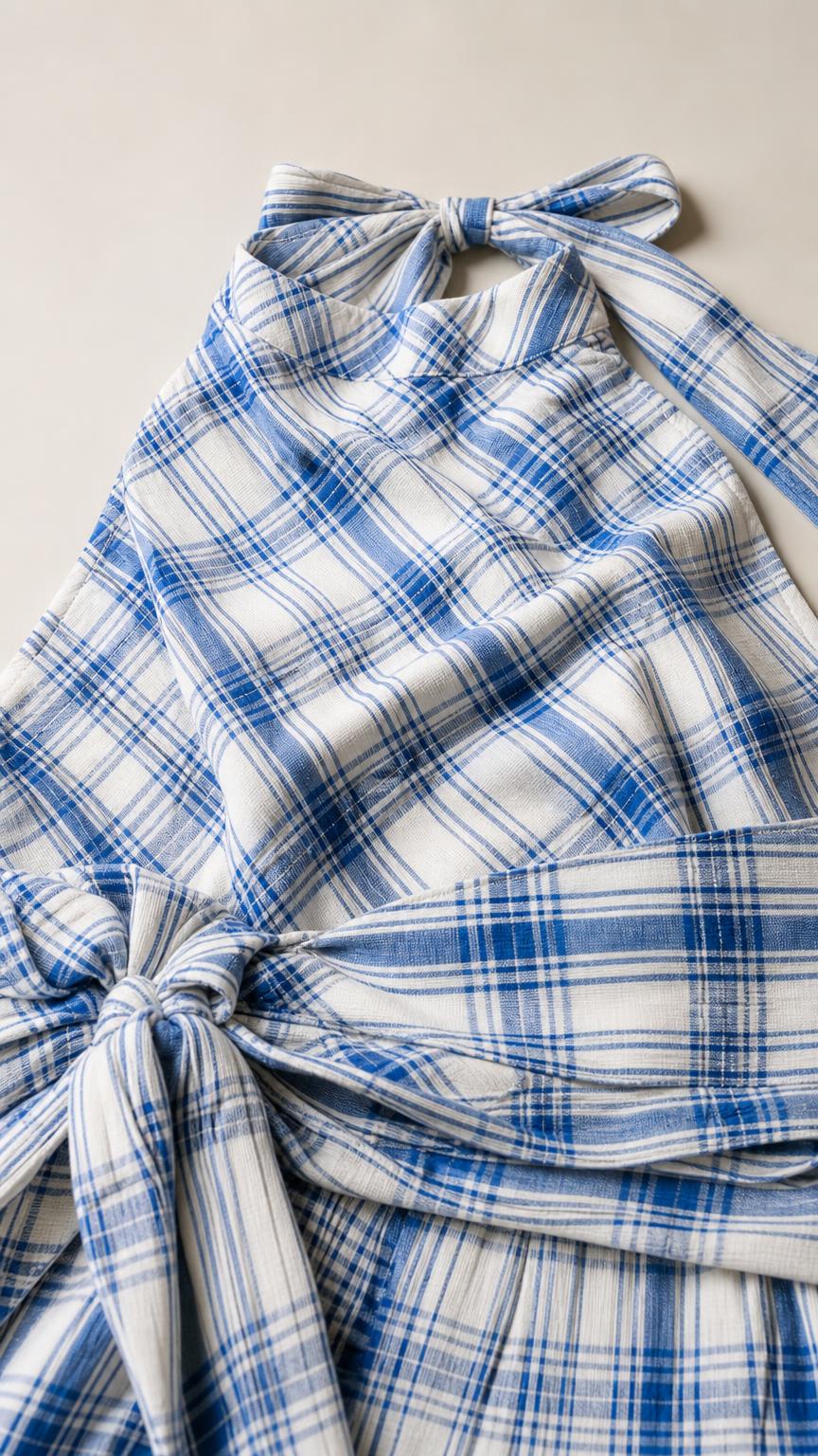 Close-up of fabric, plaid pattern, and waist tie detail