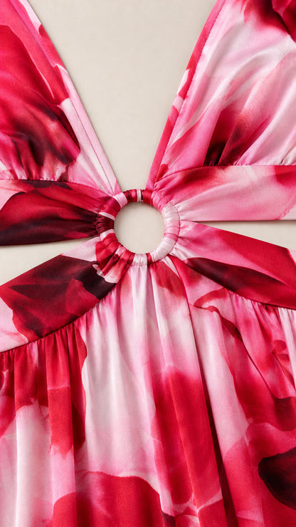 Close-up detail of the O-ring hardware and plunging neckline