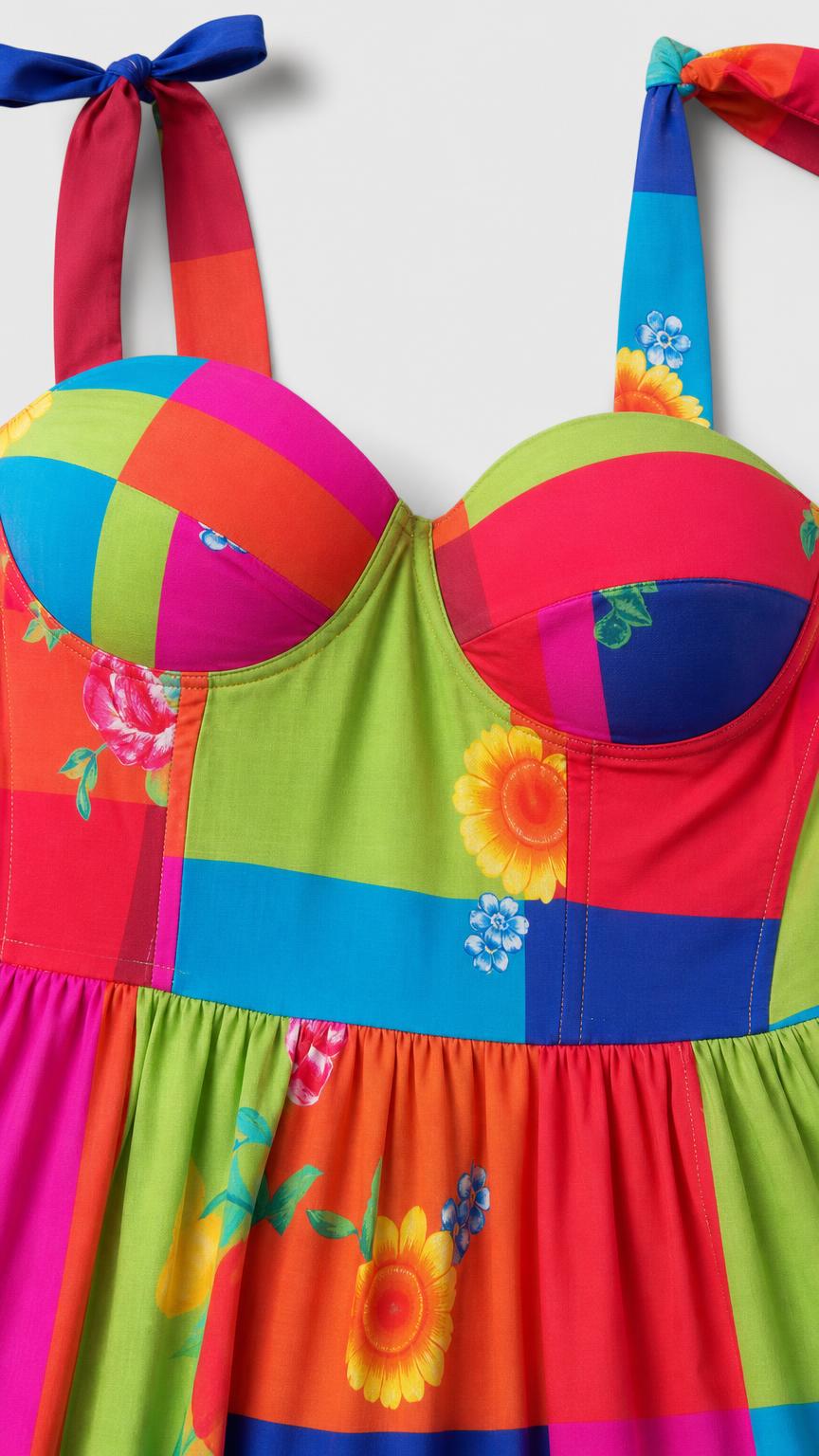 Close-up detail of sweetheart neckline and patchwork pattern