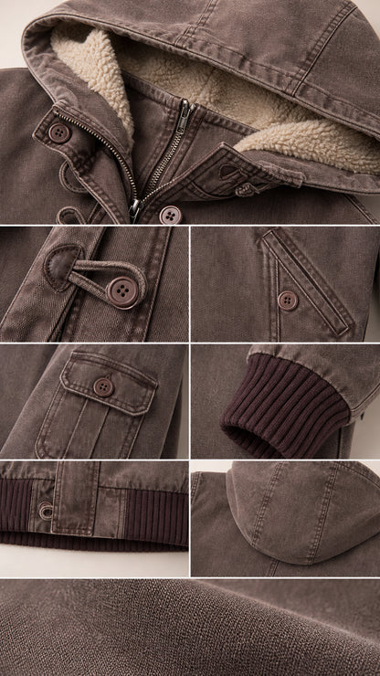 Detailed close-ups of the jacket features including hood, buttons, pockets, and ribbed cuffs