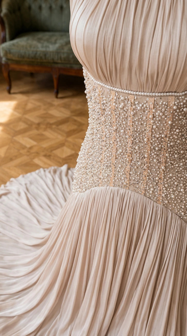 Close-up detail of pearl-embellished waistline and pleated chiffon bodice