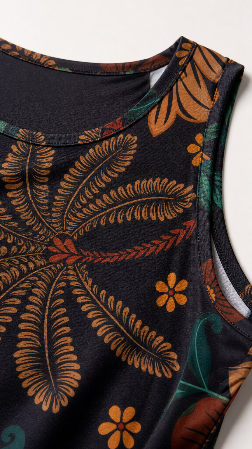 Close-up detail of neckline and botanical pattern on black dress