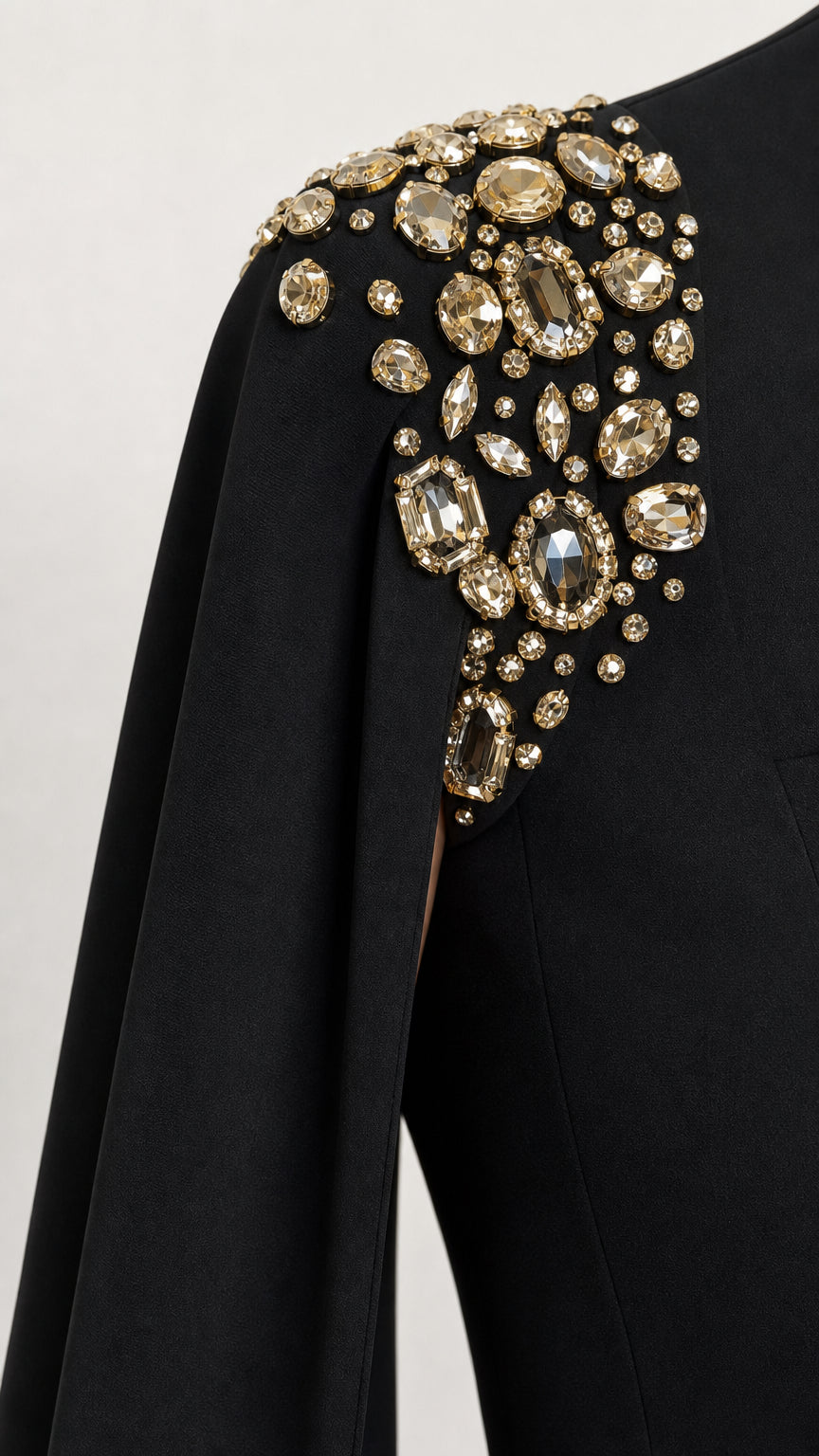 Close-up detail of luxurious crystal and gold-tone rhinestone embellishments on shoulder