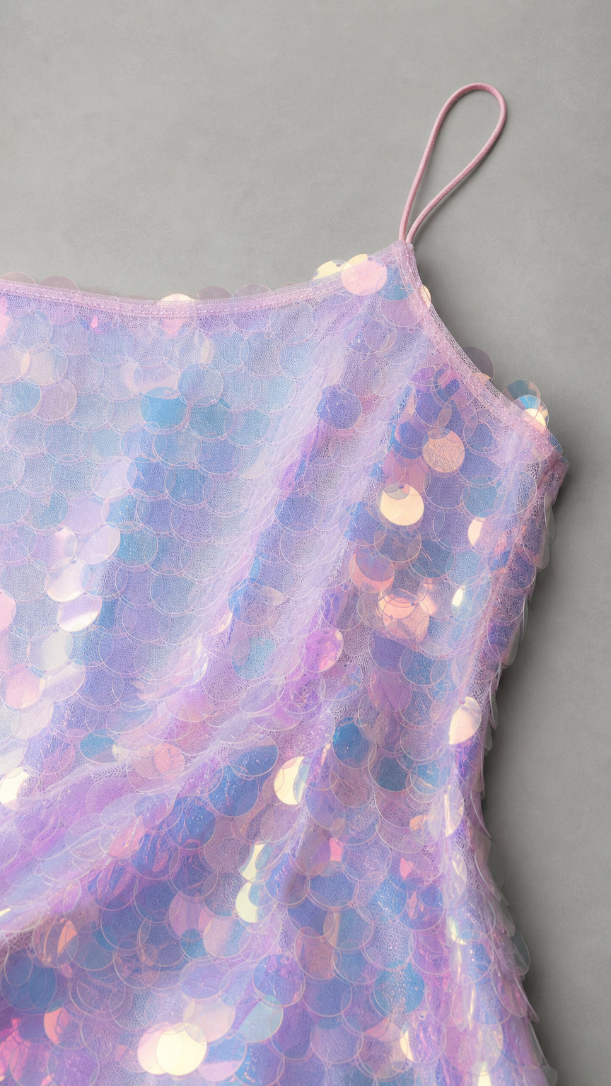 Close-up detail of lavender sequin fabric and strap