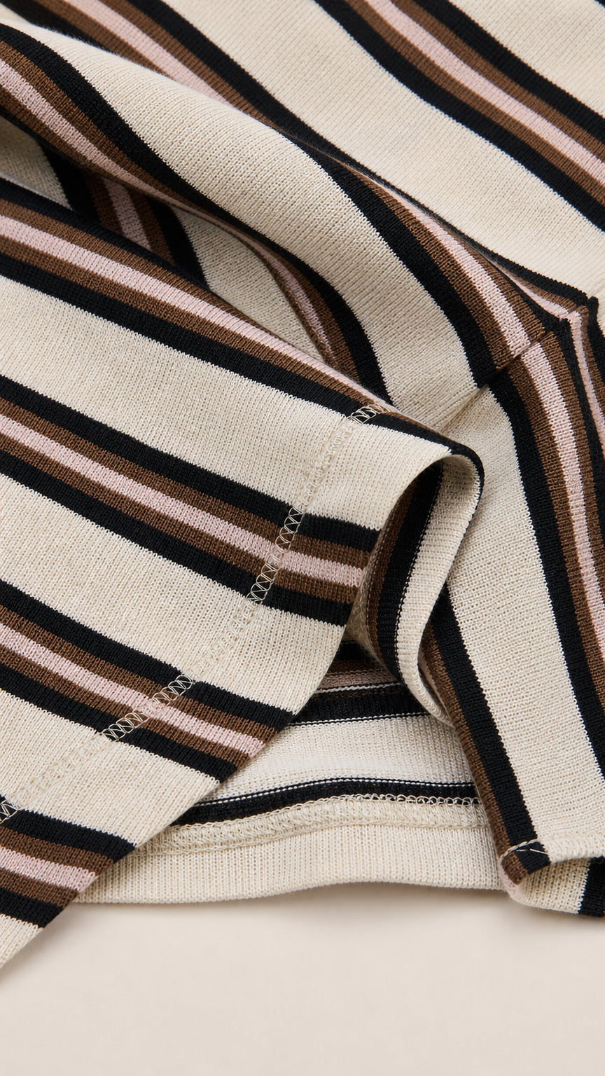Close up texture view of beige striped knit fabric