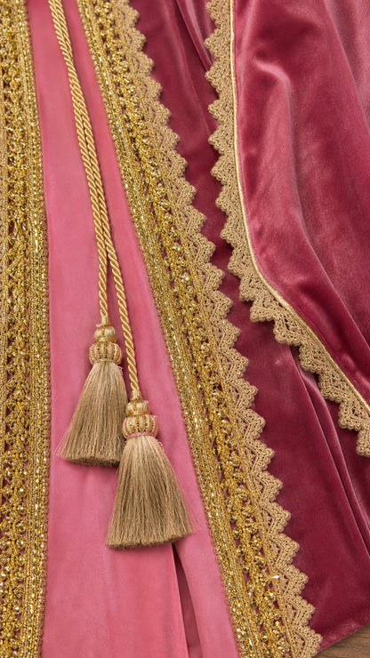 Close-up detail of the gold braided trim, tassels, and velvet texture