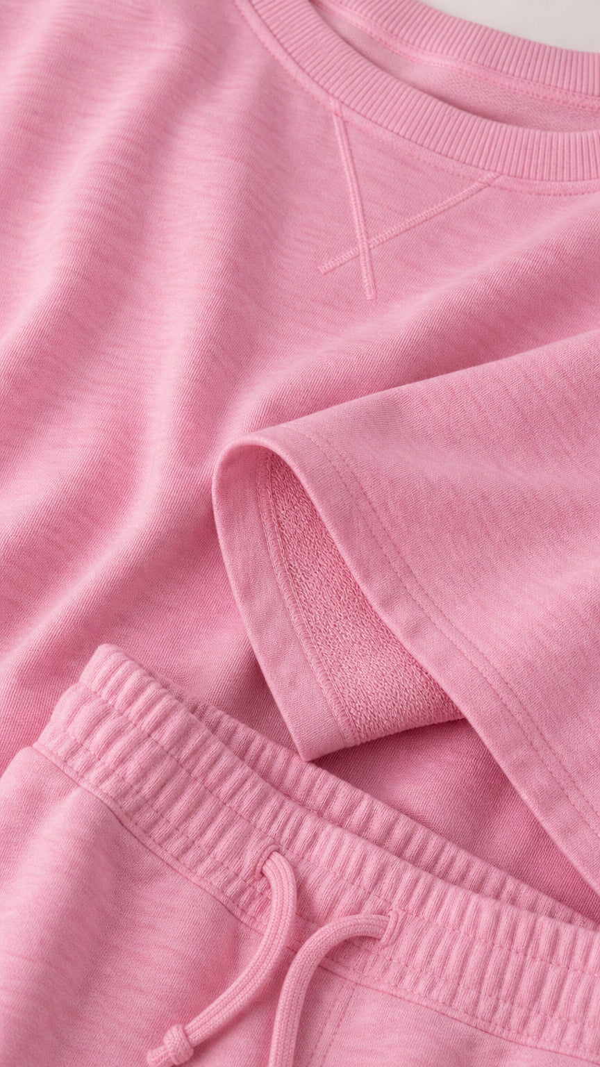 Close-up detail of pink sweatshirt collar and drawstring waistband showing knit texture