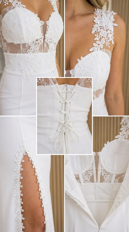 Close-up details of lace bodice, straps, back, and slit