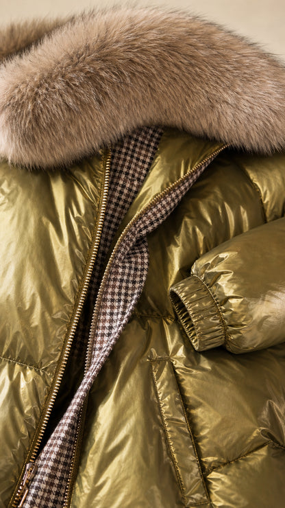 Close-up detail shot of plush faux fur collar and houndstooth inner zipper trim