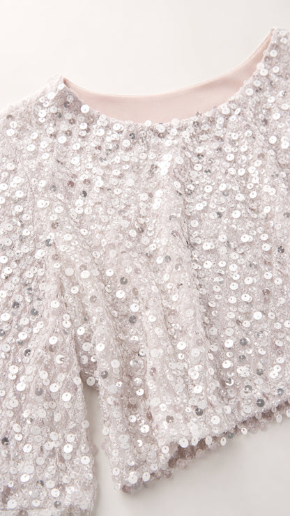 Close-up detail of silver sequin texture and crew neckline