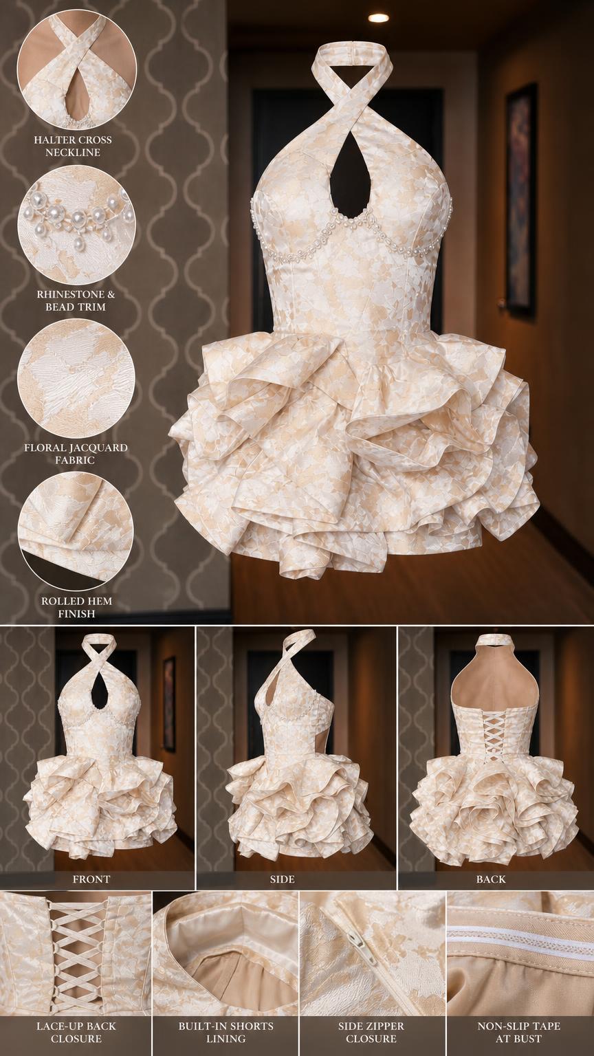 Detailed product breakdown showing neckline, fabric, and construction features