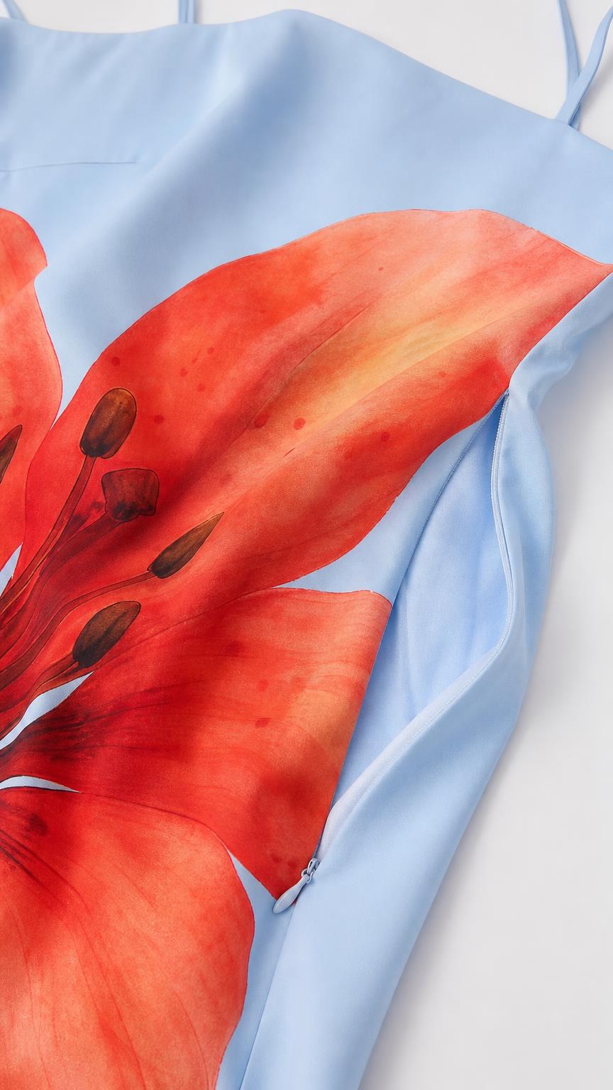 Close-up of fabric texture and floral print detail with side zipper