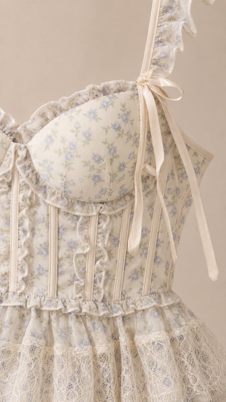 Close up of sweetheart neckline and corset bodice detail